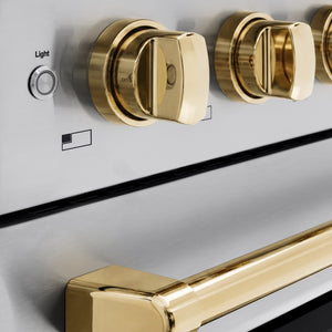 ZLINE Autograph Edition 48 in. 6.7 cu. ft. Paramount Induction Range with 7 Element Cooktop and Dual Ovens in Stainless Steel with Polished Gold Accents (SINRZ-48-G) close-up, control knobs.