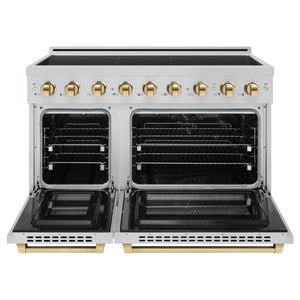ZLINE Autograph Edition 48 in. 6.7 cu. ft. Paramount Induction Range with 7 Element Cooktop and Dual Ovens in Stainless Steel with Polished Gold Accents (SINRZ-48-G) front, dual electric oven open.