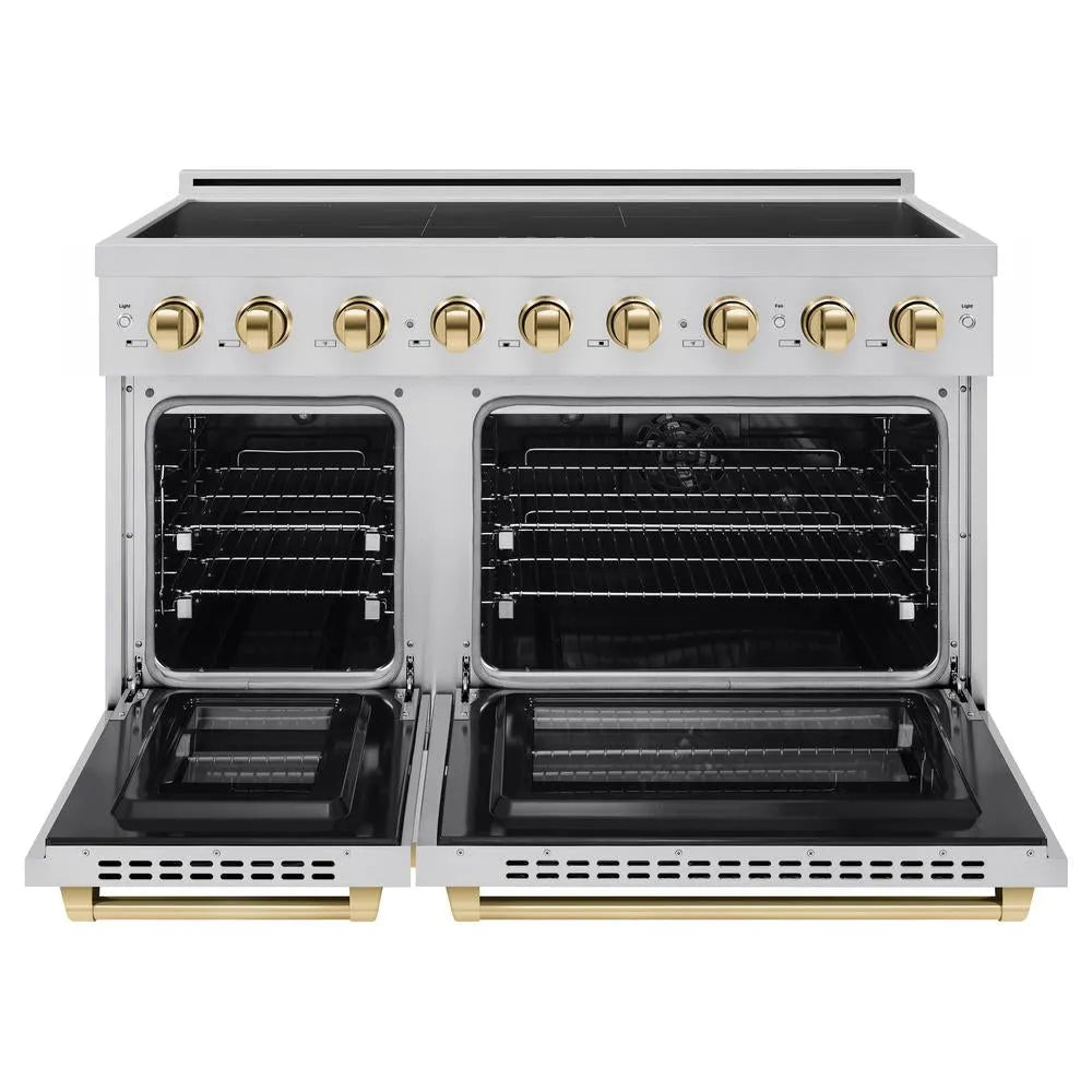 ZLINE Autograph Edition 48 in. 6.7 cu. ft. Paramount Induction Range with 7 Element Cooktop and Dual Ovens in Stainless Steel with Polished Gold Accents (SINRZ-48-G) front, dual electric oven open.