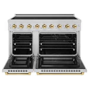 ZLINE Autograph Edition 48 in. 6.7 cu. ft. Paramount Induction Range with 7 Element Cooktop and Dual Ovens in Stainless Steel with Polished Gold Accents (SINRZ-48-G) front, dual electric oven open.