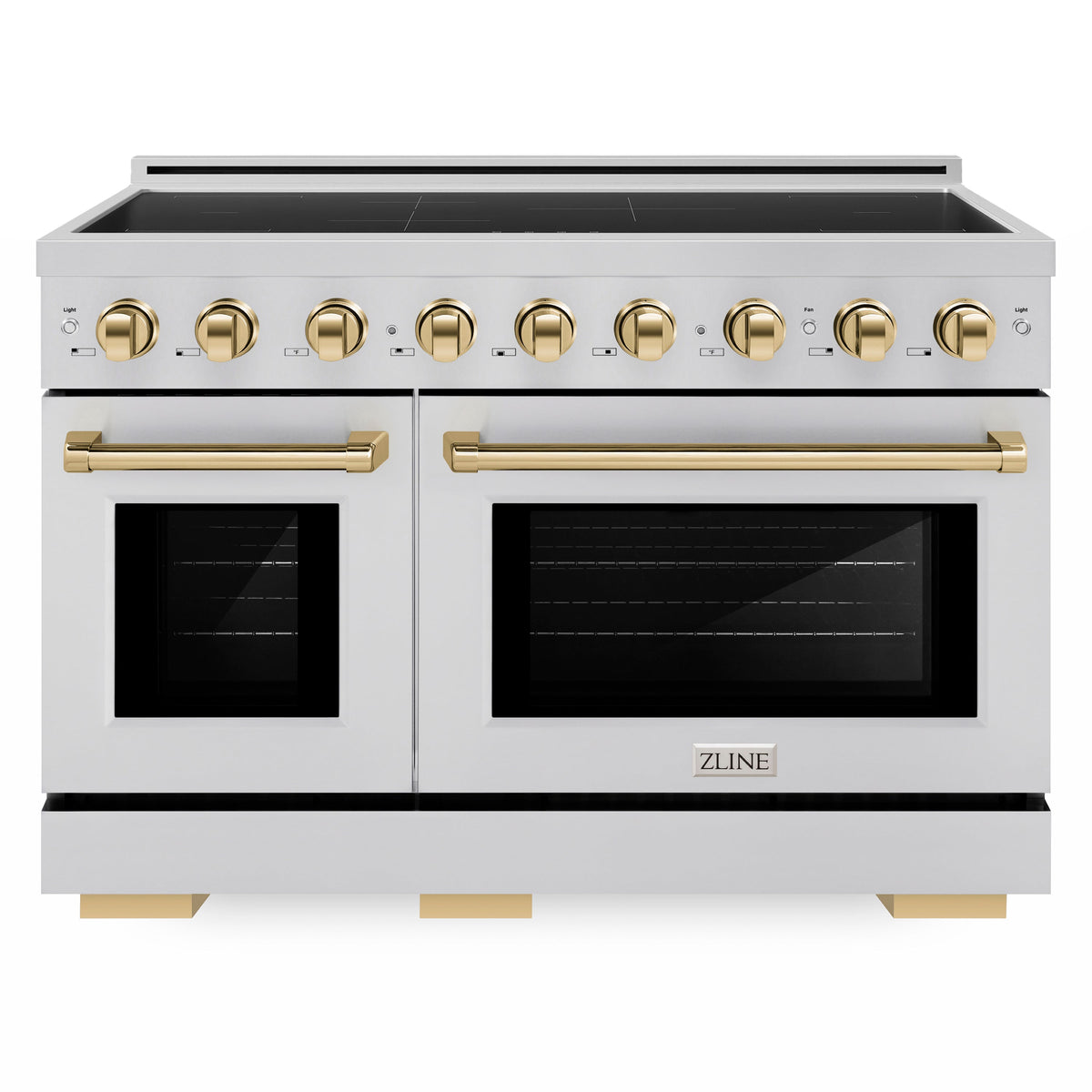 ZLINE Autograph Edition 48 in. 6.7 cu. ft. Paramount Induction Range with 7 Element Cooktop and Dual Ovens in Stainless Steel with Polished Gold Accents (SINRZ-48-G) front.