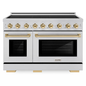 ZLINE Autograph Edition 48 in. 6.7 cu. ft. Paramount Induction Range with 7 Element Cooktop and Dual Ovens in Stainless Steel with Polished Gold Accents (SINRZ-48-G) front.