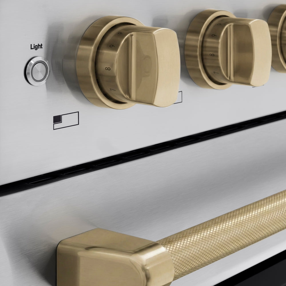 ZLINE Autograph Edition 48 in. 6.7 cu. ft. Paramount Induction Range with 7 Element Cooktop and Dual Ovens in Stainless Steel with Champagne Bronze Helix Handles and Knob Accents (SINRZ-48-KCB) close-up, control knobs.