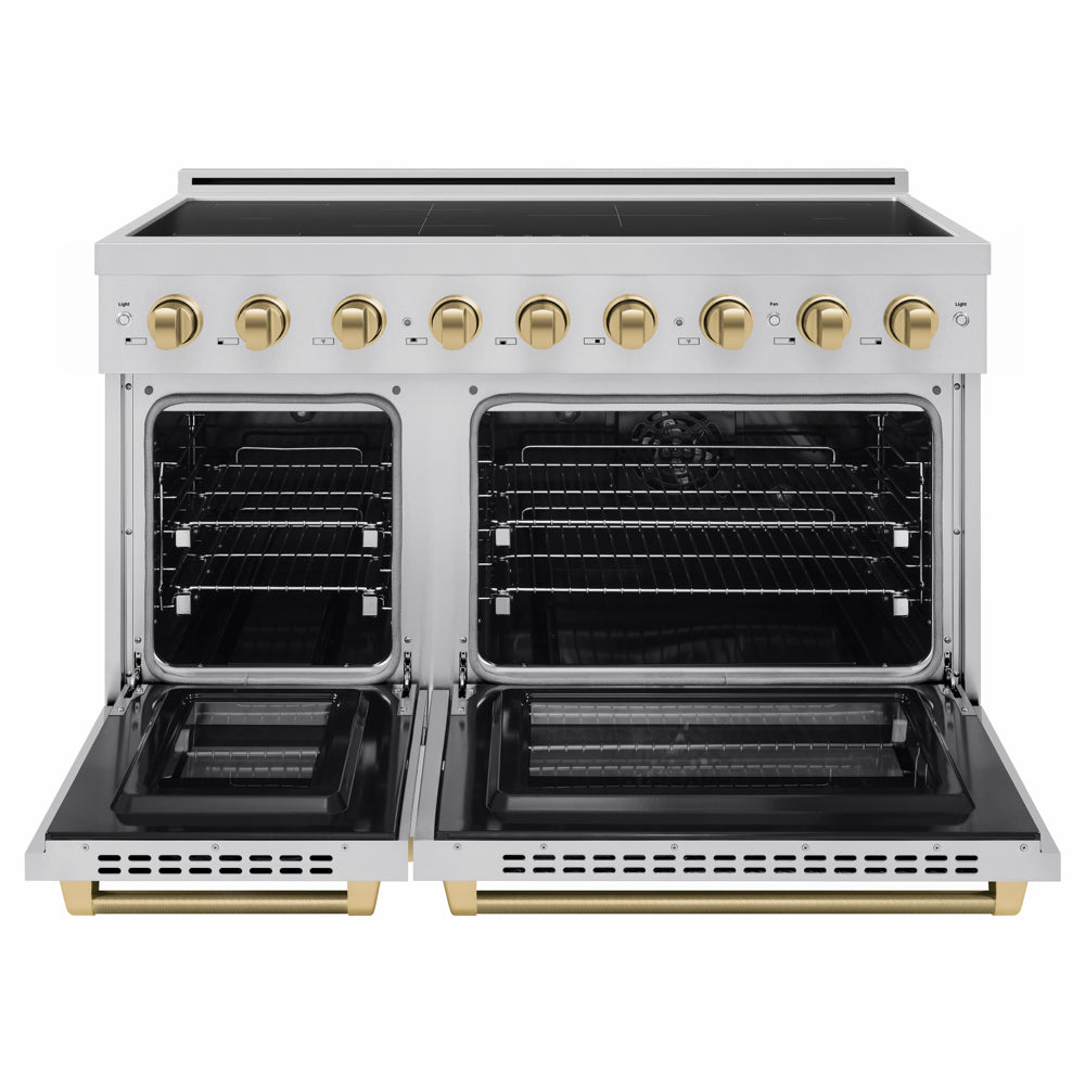 ZLINE Autograph Edition 48 in. 6.7 cu. ft. Paramount Induction Range with 7 Element Cooktop and Dual Ovens in Stainless Steel with Champagne Bronze Helix Handles and Knob Accents (SINRZ-48-KCB) front, dual electric oven open.