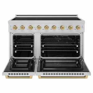 ZLINE Autograph Edition 48 in. 6.7 cu. ft. Paramount Induction Range with 7 Element Cooktop and Dual Ovens in Stainless Steel with Champagne Bronze Helix Handles and Knob Accents (SINRZ-48-KCB) front, dual electric oven open.
