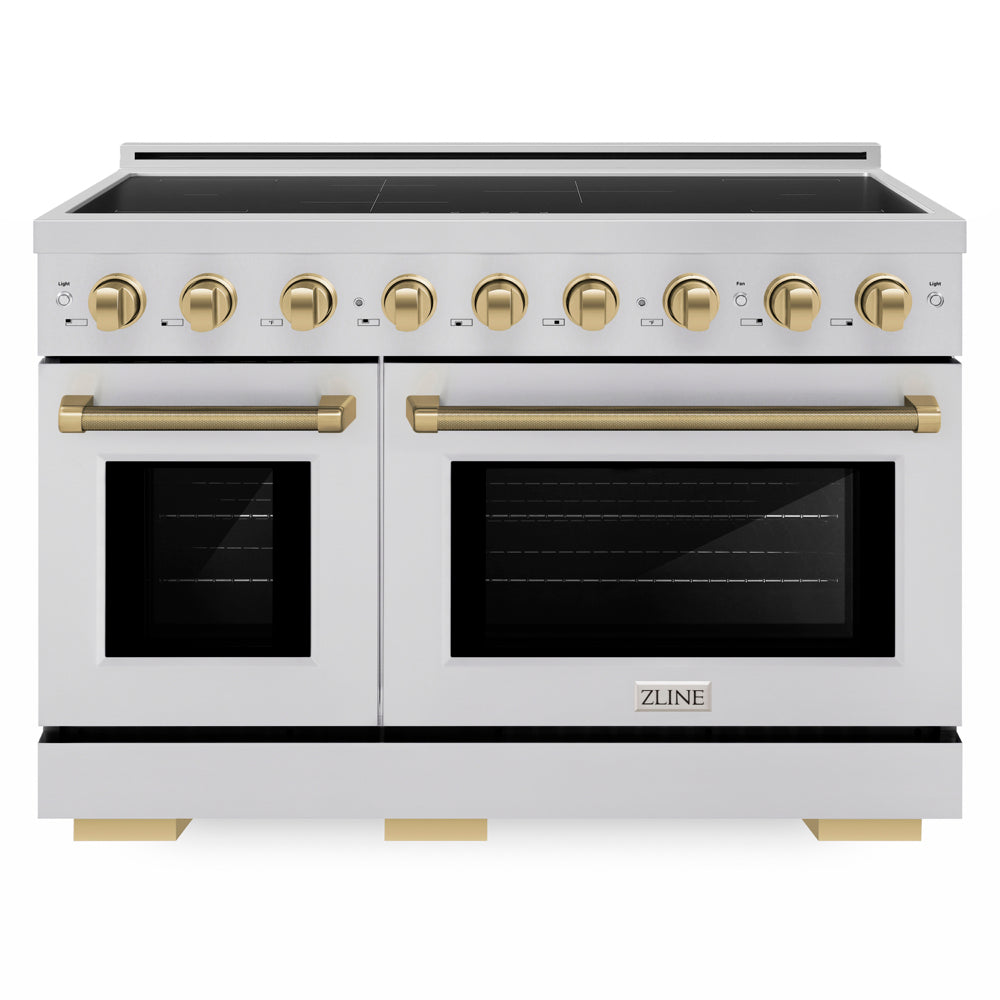ZLINE Autograph Edition 48 in. 6.7 cu. ft. Paramount Induction Range with 7 Element Cooktop and Dual Ovens in Stainless Steel with Champagne Bronze Helix Handles and Knob Accents (SINRZ-48-KCB) front.