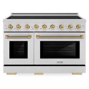 ZLINE Autograph Edition 48 in. 6.7 cu. ft. Paramount Induction Range with 7 Element Cooktop and Dual Ovens in Stainless Steel with Champagne Bronze Helix Handles and Knob Accents (SINRZ-48-KCB) front.