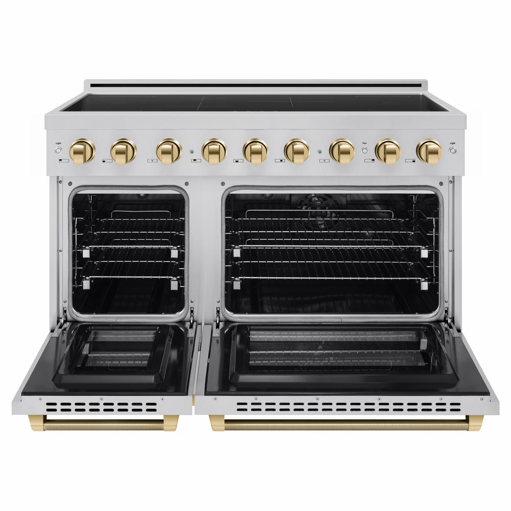 ZLINE Autograph Edition 48 in. 6.7 cu. ft. Paramount Induction Range with 7 Element Cooktop and Dual Ovens in Stainless Steel with Polished Gold Helix Handles and Knob Accents (SINRZ-48-KG) front, dual electric oven open.