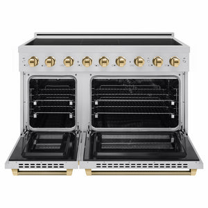 ZLINE Autograph Edition 48 in. 6.7 cu. ft. Paramount Induction Range with 7 Element Cooktop and Dual Ovens in Stainless Steel with Polished Gold Helix Handles and Knob Accents (SINRZ-48-KG) front, dual electric oven open.
