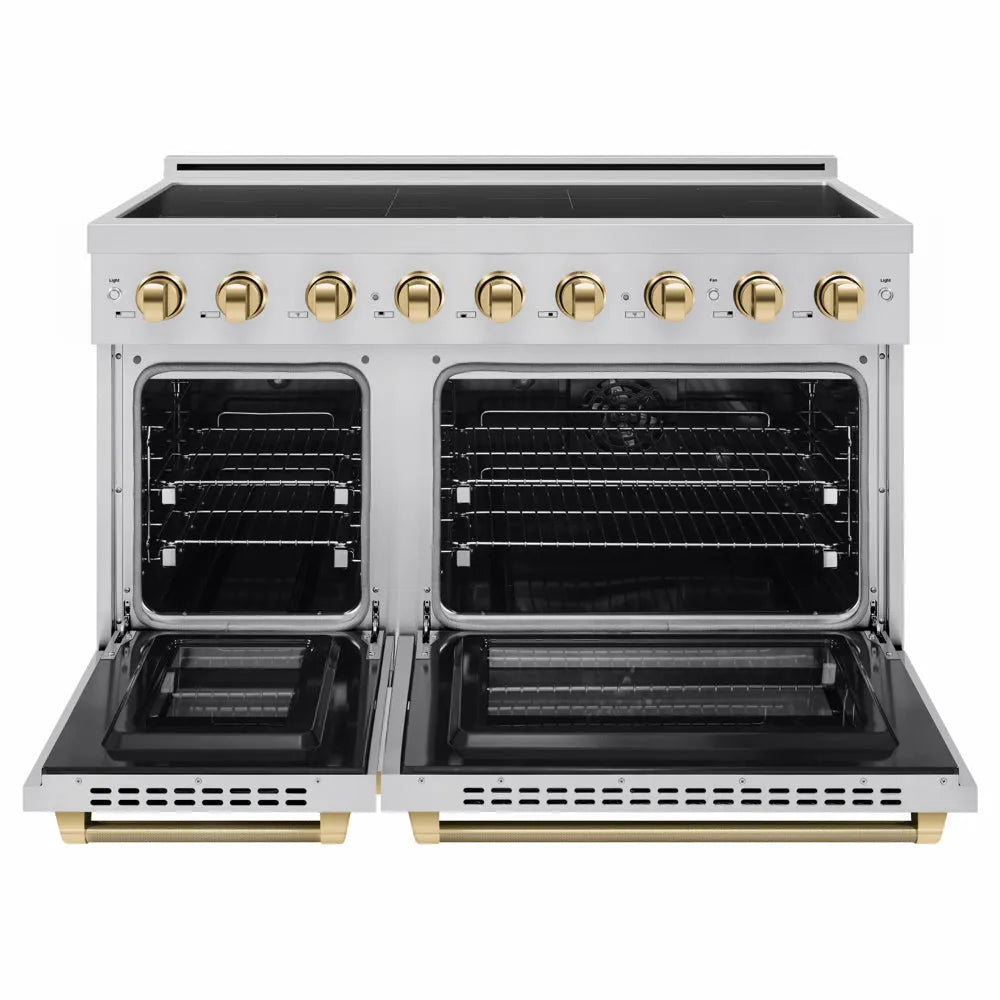 ZLINE Autograph Edition 48 in. 6.7 cu. ft. Paramount Induction Range with 7 Element Cooktop and Dual Ovens in Stainless Steel with Polished Gold Helix Handles and Knob Accents (SINRZ-48-KG) front, dual electric oven open.