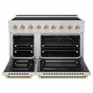 ZLINE Autograph Edition 48 in. 6.7 cu. ft. Paramount Induction Range with 7 Element Cooktop and Dual Ovens in Stainless Steel with Polished Gold Helix Handles and Knob Accents (SINRZ-48-KG) front, dual electric oven open.