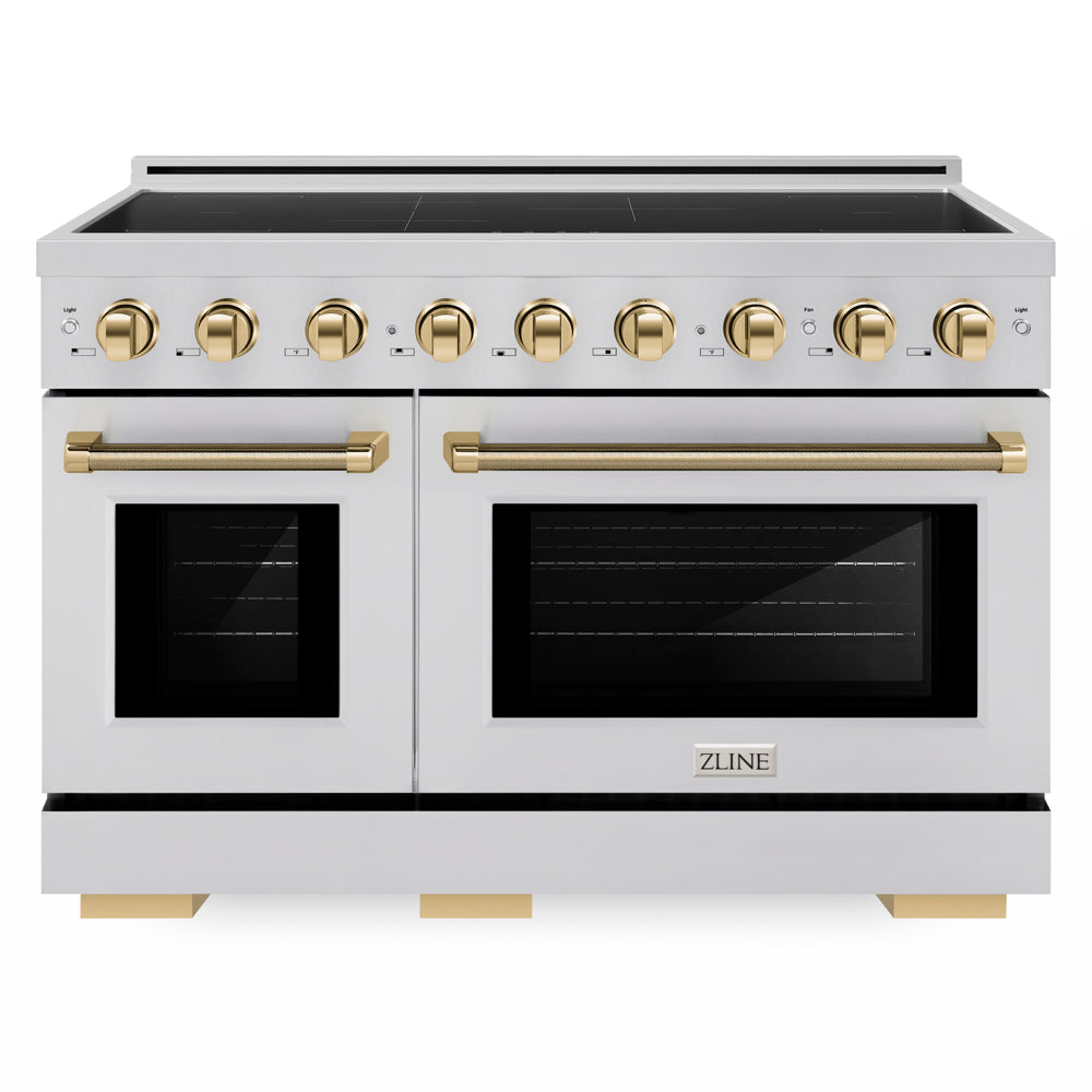 ZLINE Autograph Edition 48 in. 6.7 cu. ft. Paramount Induction Range with 7 Element Cooktop and Dual Ovens in Stainless Steel with Polished Gold Helix Handles and Knob Accents (SINRZ-48-KG) front.