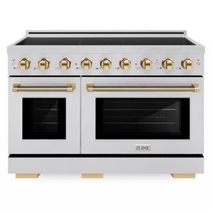ZLINE Autograph Edition 48 in. 6.7 cu. ft. Paramount Induction Range with 7 Element Cooktop and Dual Ovens in Stainless Steel with Polished Gold Helix Handles and Knob Accents (SINRZ-48-KG) front.