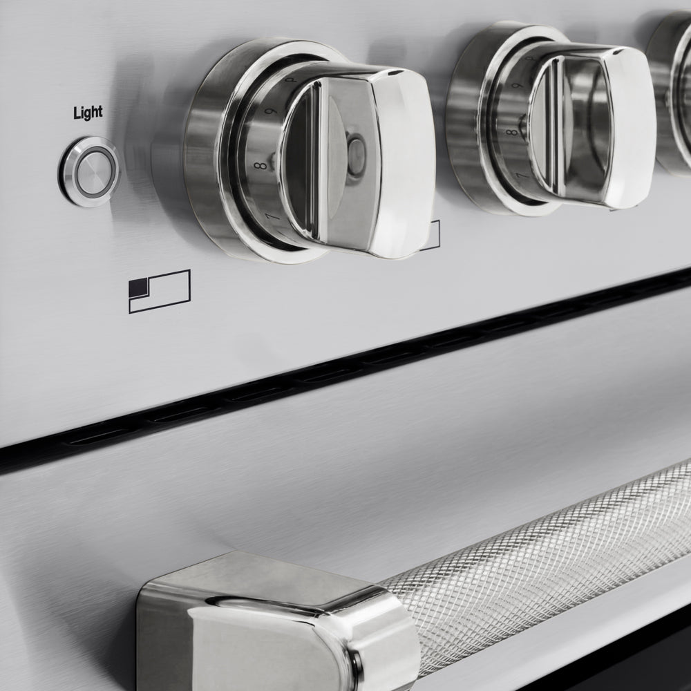 ZLINE Autograph Edition 48 in. 6.7 cu. ft. Paramount Induction Range with 7 Element Cooktop and Dual Ovens in Stainless Steel with Polished Nickel Helix Handles and Knob Accents (SINRZ-48-KPN) close-up, control knobs.