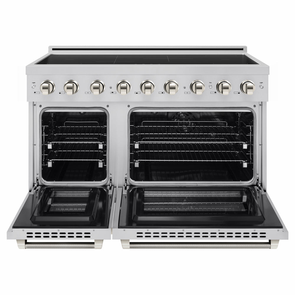 ZLINE Autograph Edition 48 in. 6.7 cu. ft. Paramount Induction Range with 7 Element Cooktop and Dual Ovens in Stainless Steel with Polished Nickel Helix Handles and Knob Accents (SINRZ-48-KPN) front, dual electric oven open.