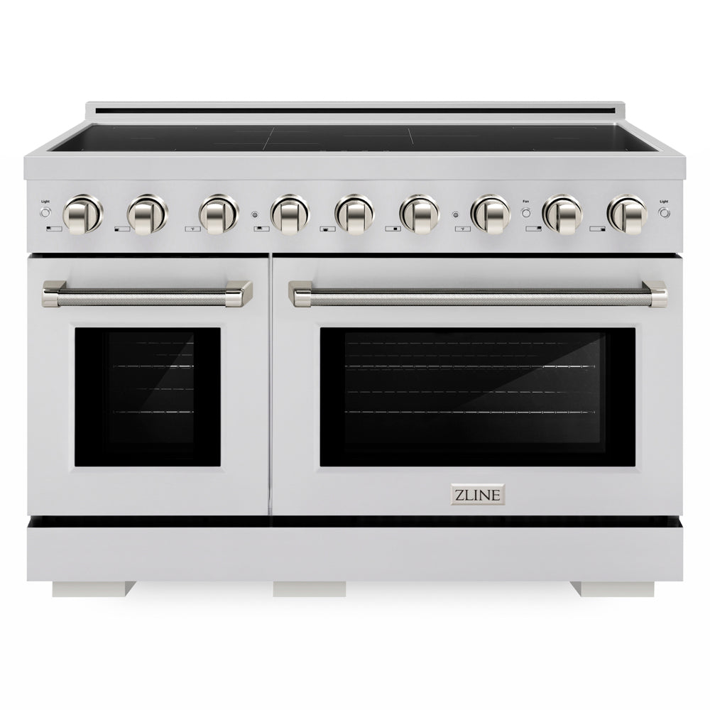 ZLINE Autograph Edition 48 in. 6.7 cu. ft. Paramount Induction Range with 7 Element Cooktop and Dual Ovens in Stainless Steel with Polished Nickel Helix Handles and Knob Accents (SINRZ-48-KPN) front.