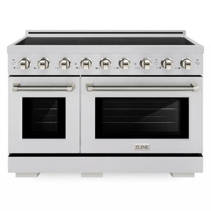 ZLINE Autograph Edition 48 in. 6.7 cu. ft. Paramount Induction Range with 7 Element Cooktop and Dual Ovens in Stainless Steel with Polished Nickel Helix Handles and Knob Accents (SINRZ-48-KPN) front.