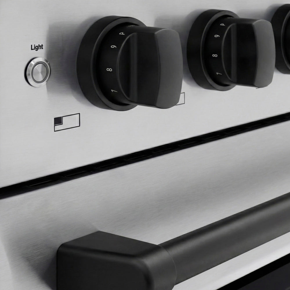 ZLINE Autograph Edition 48 in. 6.7 cu. ft. Paramount Induction Range with 7 Element Cooktop and Dual Ovens in Stainless Steel with Matte Black Accents (SINRZ-48-MB) close-up, control knobs.
