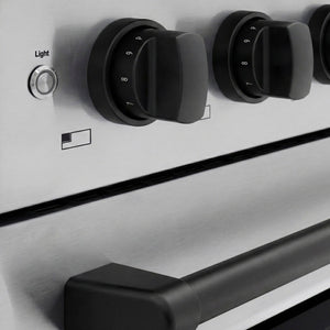 ZLINE Autograph Edition 48 in. 6.7 cu. ft. Paramount Induction Range with 7 Element Cooktop and Dual Ovens in Stainless Steel with Matte Black Accents (SINRZ-48-MB) close-up, control knobs.