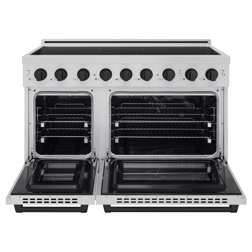 ZLINE Autograph Edition 48 in. 6.7 cu. ft. Paramount Induction Range with 7 Element Cooktop and Dual Ovens in Stainless Steel with Matte Black Accents (SINRZ-48-MB) front, dual electric oven open.
