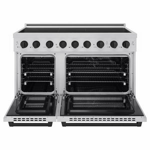 ZLINE Autograph Edition 48 in. 6.7 cu. ft. Paramount Induction Range with 7 Element Cooktop and Dual Ovens in Stainless Steel with Matte Black Accents (SINRZ-48-MB) front, dual electric oven open.