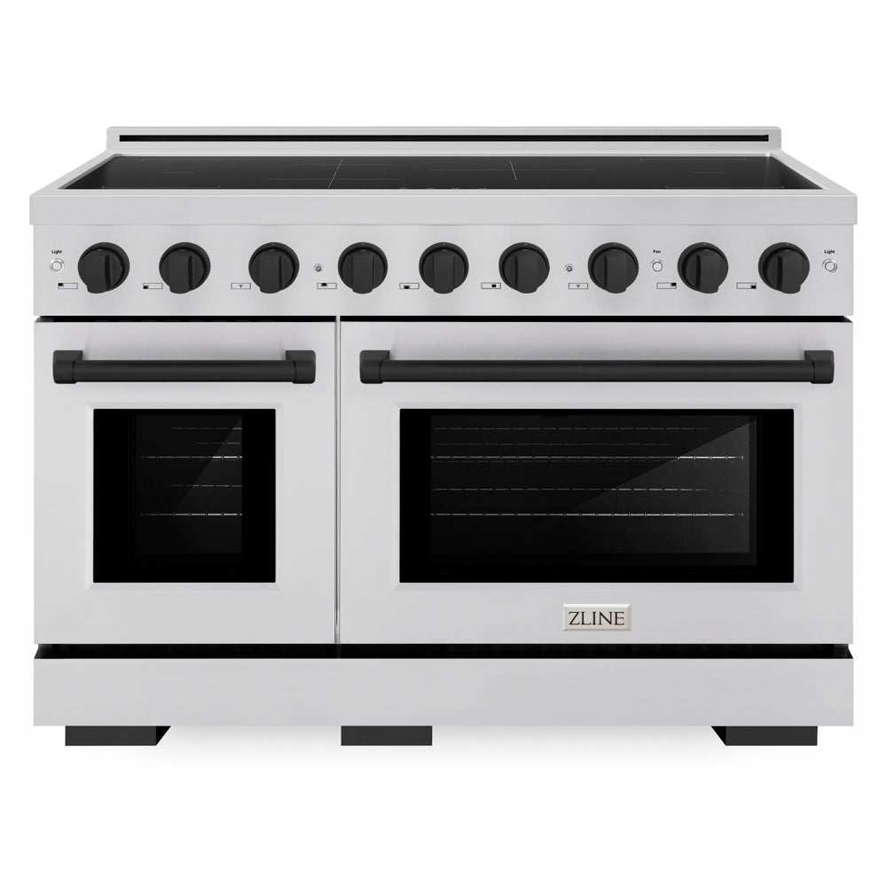 ZLINE Autograph Edition 48 in. 6.7 cu. ft. Paramount Induction Range with 7 Element Cooktop and Dual Ovens in Stainless Steel with Matte Black Accents (SINRZ-48-MB) front.