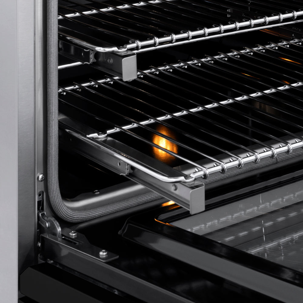 ZLINE Autograph Edition 48 in. 6.7 cu. ft. Paramount Induction Range with 7 Element Cooktop and Dual Ovens in Stainless Steel with Black Matte Doors and Champagne Bronze Accents (SINRZ-BLM-48-CB) close-up, oven racks.