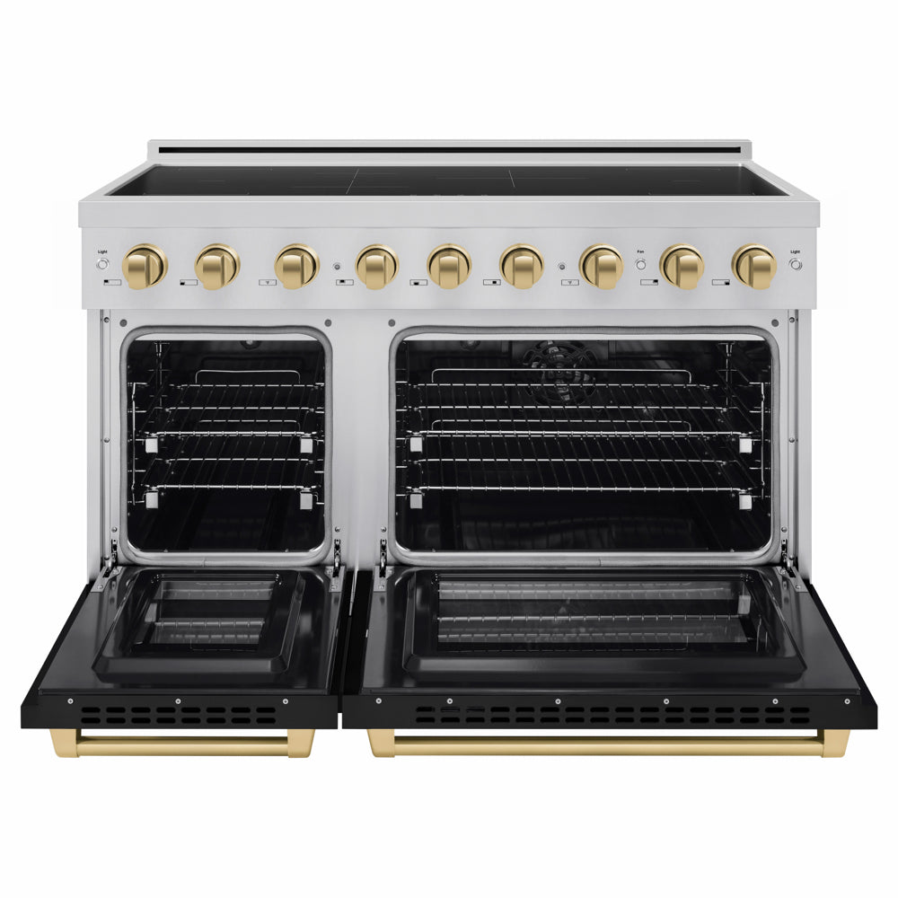 ZLINE Autograph Edition 48 in. 6.7 cu. ft. Paramount Induction Range with 7 Element Cooktop and Dual Ovens in Stainless Steel with Black Matte Doors and Champagne Bronze Accents (SINRZ-BLM-48-CB) front, dual electric oven open.