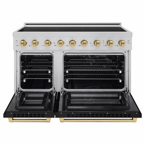 ZLINE Autograph Edition 48 in. 6.7 cu. ft. Paramount Induction Range with 7 Element Cooktop and Dual Ovens in Stainless Steel with Black Matte Doors and Champagne Bronze Accents (SINRZ-BLM-48-CB) front, dual electric oven open.