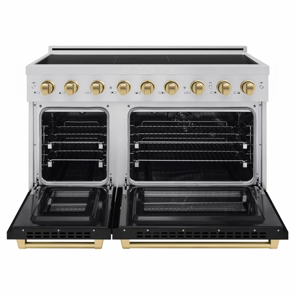 ZLINE Autograph Edition 48 in. 6.7 cu. ft. Paramount Induction Range with 7 Element Cooktop and Dual Ovens in Stainless Steel with Black Matte Doors and Champagne Bronze Accents (SINRZ-BLM-48-CB) front, dual electric oven open.
