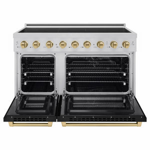 ZLINE Autograph Edition 48 in. 6.7 cu. ft. Paramount Induction Range with 7 Element Cooktop and Dual Ovens in Stainless Steel with Black Matte Doors and Champagne Bronze Accents (SINRZ-BLM-48-CB) front, dual electric oven open.