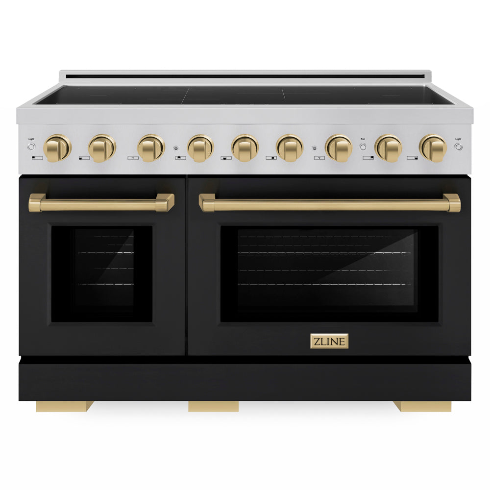 ZLINE Autograph Edition 48 in. 6.7 cu. ft. Paramount Induction Range with 7 Element Cooktop and Dual Ovens in Stainless Steel with Black Matte Doors and Champagne Bronze Accents (SINRZ-BLM-48-CB) front.