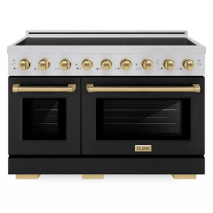 ZLINE Autograph Edition 48 in. 6.7 cu. ft. Paramount Induction Range with 7 Element Cooktop and Dual Ovens in Stainless Steel with Black Matte Doors and Champagne Bronze Accents (SINRZ-BLM-48-CB) front.