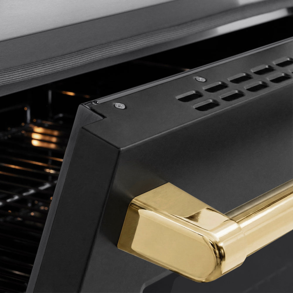 ZLINE Autograph Edition 48 in. 6.7 cu. ft. Paramount Induction Range with 7 Element Cooktop and Dual Ovens in Stainless Steel with Black Matte Doors and Polished Gold Accents (SINRZ-BLM-48-G) close-up, oven door handle.