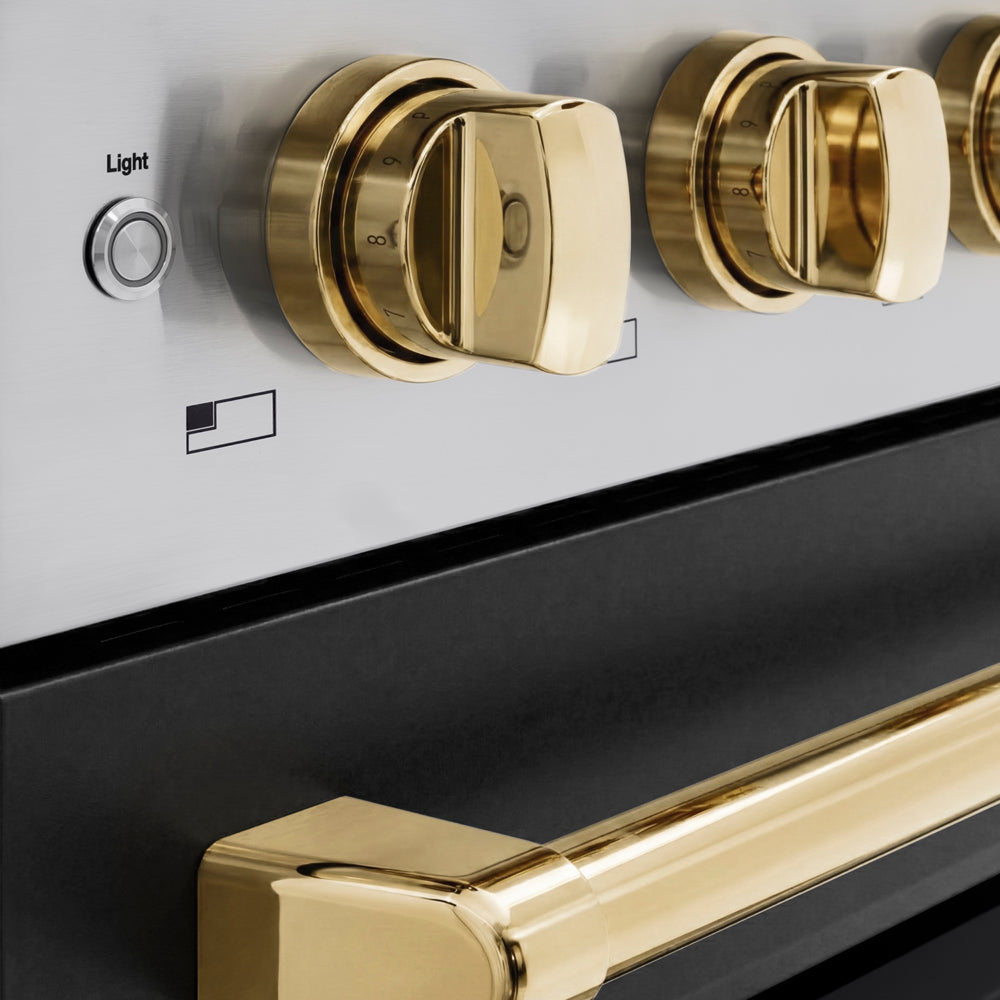 ZLINE Autograph Edition 48 in. 6.7 cu. ft. Paramount Induction Range with 7 Element Cooktop and Dual Ovens in Stainless Steel with Black Matte Doors and Polished Gold Accents (SINRZ-BLM-48-G) close-up, control knobs.