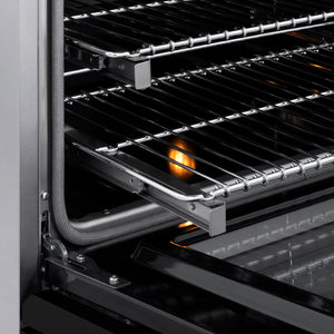 ZLINE Autograph Edition 48 in. 6.7 cu. ft. Paramount Induction Range with 7 Element Cooktop and Dual Ovens in Stainless Steel with Black Matte Doors and Polished Gold Accents (SINRZ-BLM-48-G) close-up, oven racks.