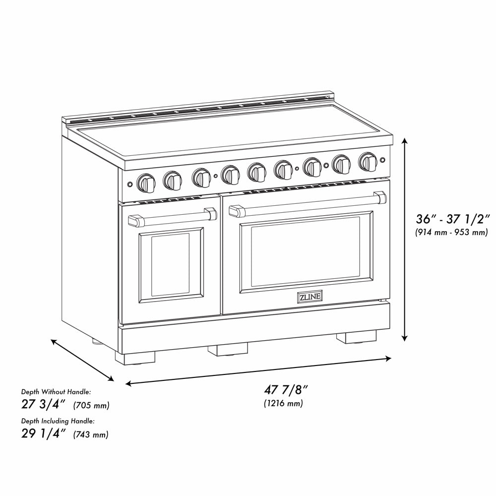 ZLINE Autograph Edition 48 in. 6.7 cu. ft. Paramount Induction Range with 7 Element Cooktop and Dual Ovens in Stainless Steel with Black Matte Doors and Polished Gold Accents (SINRZ-BLM-48-G) side, with dimensions labeled.