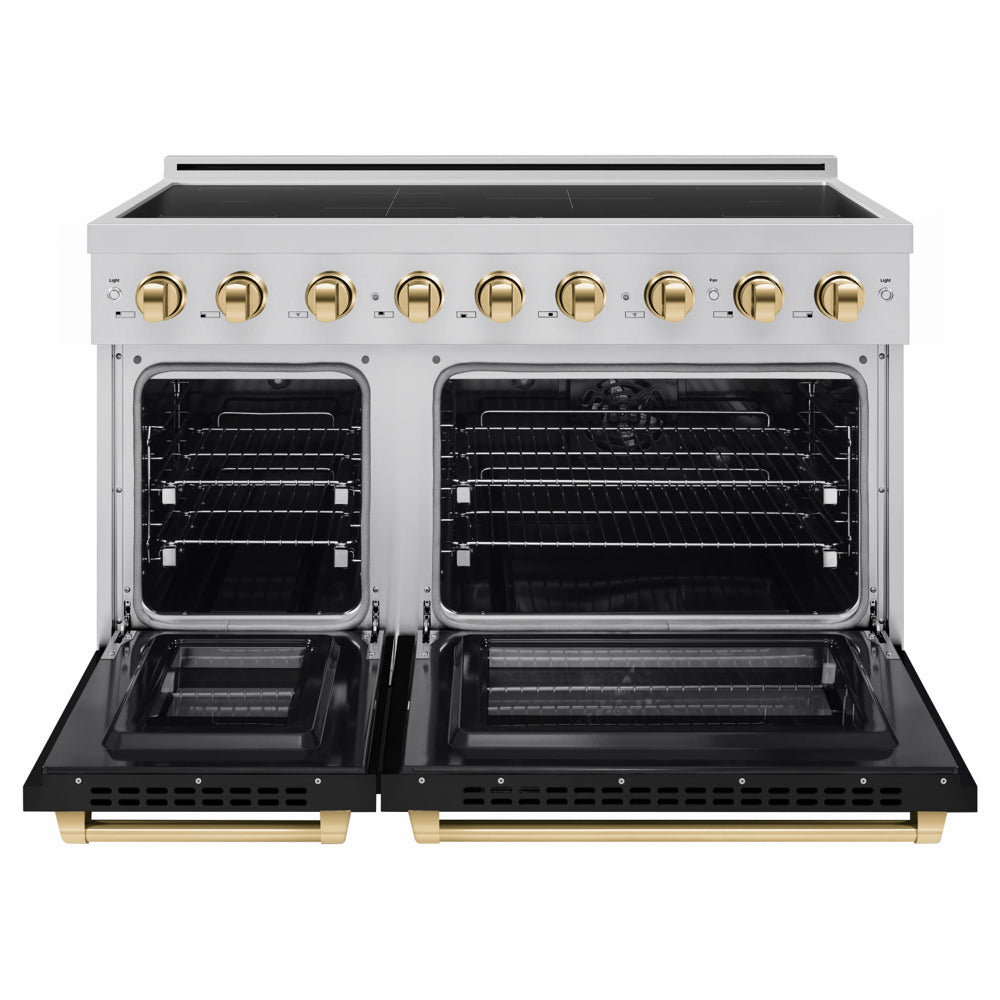 ZLINE Autograph Edition 48 in. 6.7 cu. ft. Paramount Induction Range with 7 Element Cooktop and Dual Ovens in Stainless Steel with Black Matte Doors and Polished Gold Accents (SINRZ-BLM-48-G) front, dual electric oven open.