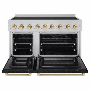 ZLINE Autograph Edition 48 in. 6.7 cu. ft. Paramount Induction Range with 7 Element Cooktop and Dual Ovens in Stainless Steel with Black Matte Doors and Polished Gold Accents (SINRZ-BLM-48-G) front, dual electric oven open.