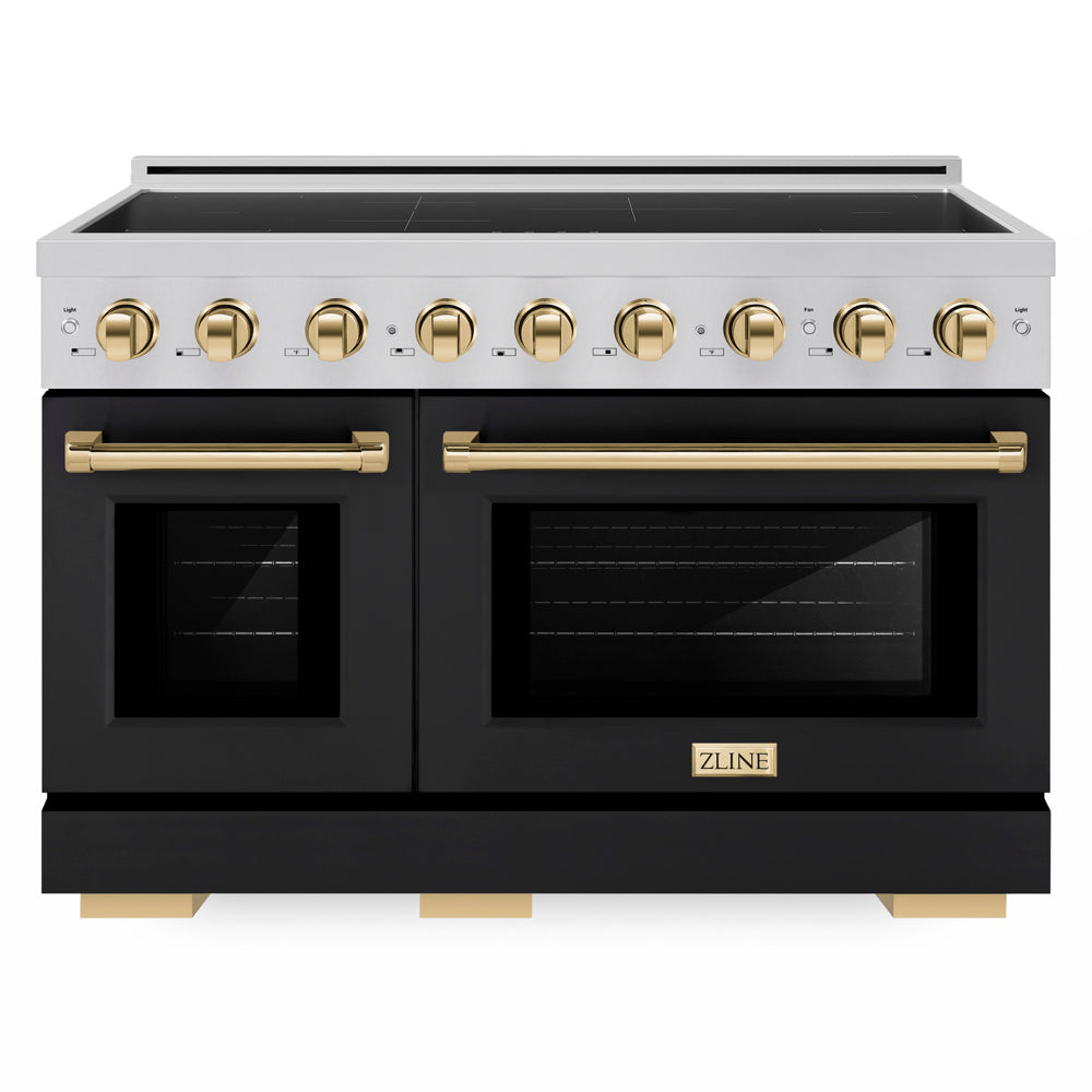 ZLINE Autograph Edition 48 in. 6.7 cu. ft. Paramount Induction Range with 7 Element Cooktop and Dual Ovens in Stainless Steel with Black Matte Doors and Polished Gold Accents (SINRZ-BLM-48-G) front.
