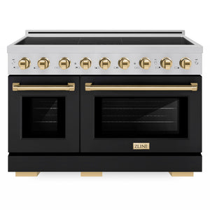 ZLINE Autograph Edition 48 in. 6.7 cu. ft. Paramount Induction Range with 7 Element Cooktop and Dual Ovens in Stainless Steel with Black Matte Doors and Polished Gold Accents (SINRZ-BLM-48-G) front.