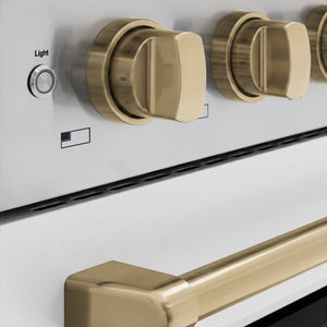 ZLINE Autograph Edition 48 in. 6.7 cu. ft. Paramount Induction Range with 7 Element Cooktop and Dual Ovens in Stainless Steel with White Matte Doors and Champagne Bronze Accents (SINRZ-WM-48-CB) close-up, control knobs.