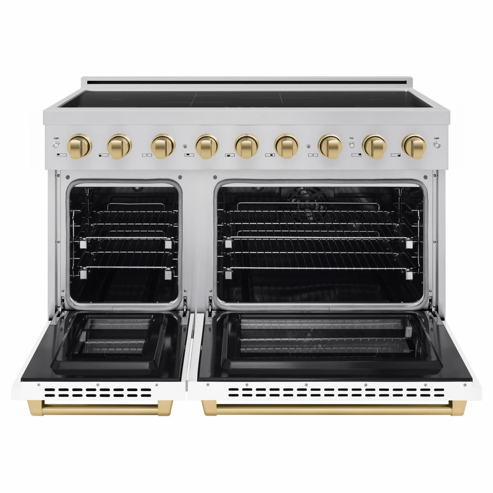 ZLINE Autograph Edition 48 in. 6.7 cu. ft. Paramount Induction Range with 7 Element Cooktop and Dual Ovens in Stainless Steel with White Matte Doors and Champagne Bronze Accents (SINRZ-WM-48-CB) front, dual electric oven open.