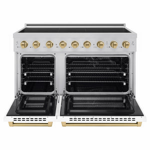 ZLINE Autograph Edition 48 in. 6.7 cu. ft. Paramount Induction Range with 7 Element Cooktop and Dual Ovens in Stainless Steel with White Matte Doors and Champagne Bronze Accents (SINRZ-WM-48-CB) front, dual electric oven open.