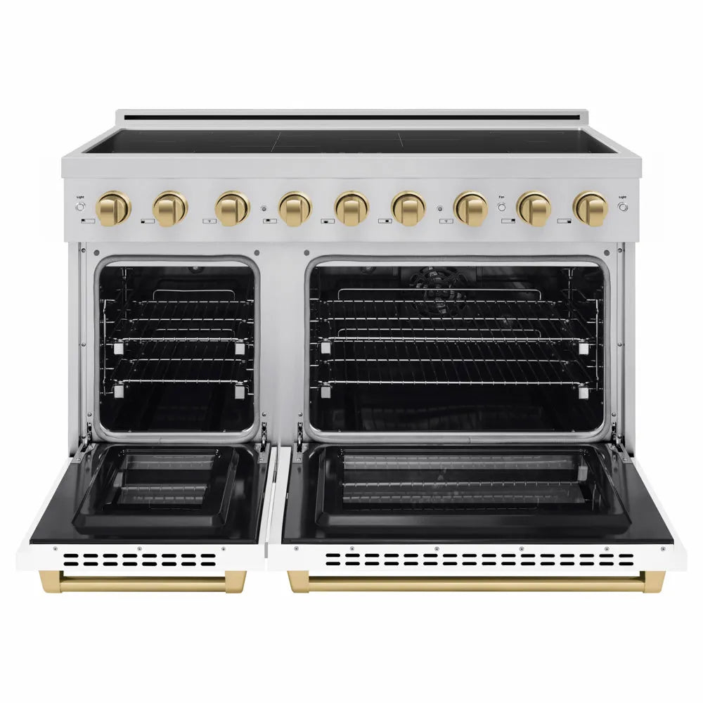 ZLINE Autograph Edition 48 in. 6.7 cu. ft. Paramount Induction Range with 7 Element Cooktop and Dual Ovens in Stainless Steel with White Matte Doors and Champagne Bronze Accents (SINRZ-WM-48-CB) front, dual electric oven open.