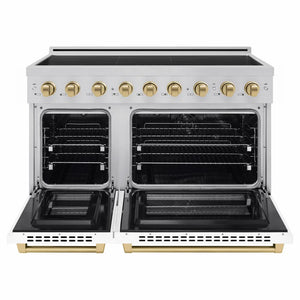 ZLINE Autograph Edition 48 in. 6.7 cu. ft. Paramount Induction Range with 7 Element Cooktop and Dual Ovens in Stainless Steel with White Matte Doors and Champagne Bronze Accents (SINRZ-WM-48-CB) front, dual electric oven open.