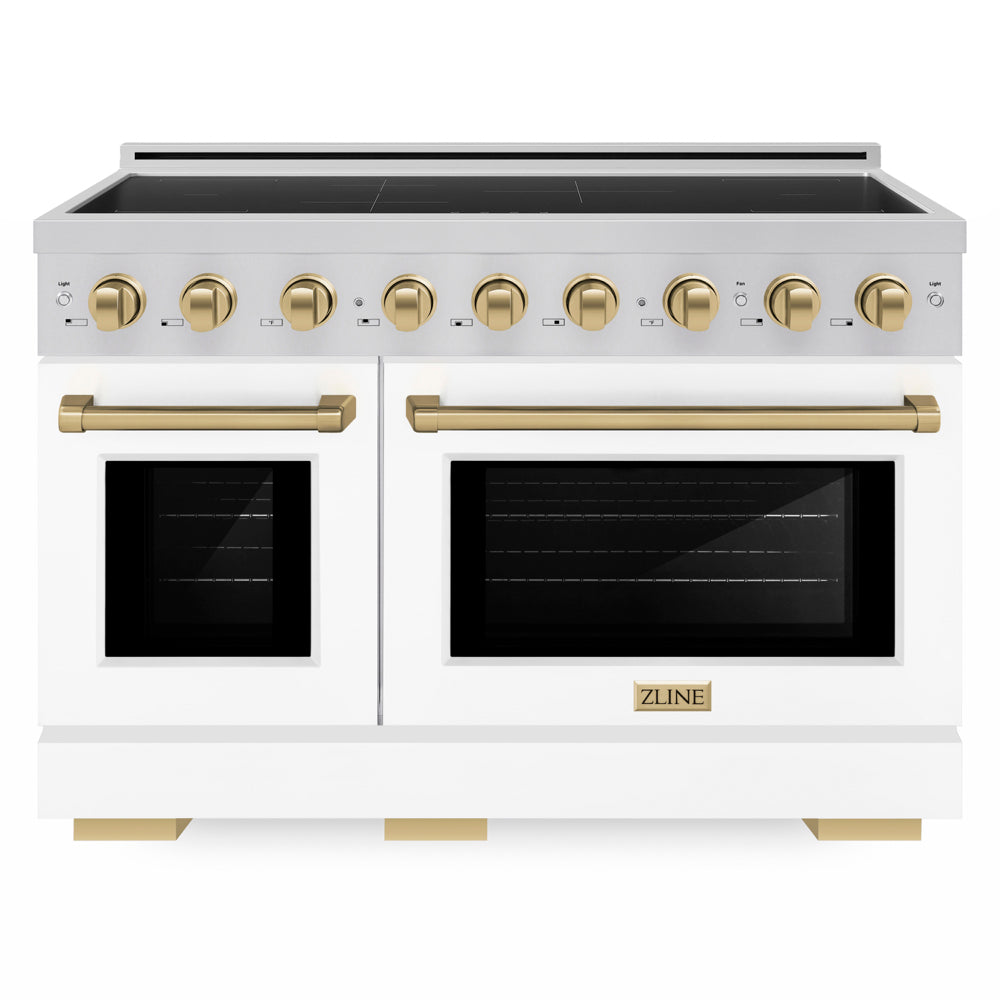 ZLINE Autograph Edition 48 in. 6.7 cu. ft. Paramount Induction Range with 7 Element Cooktop and Dual Ovens in Stainless Steel with White Matte Doors and Champagne Bronze Accents (SINRZ-WM-48-CB) front.