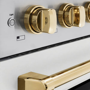 ZLINE Autograph Edition 48 in. 6.7 cu. ft. Paramount Induction Range with 7 Element Cooktop and Dual Ovens in Stainless Steel with White Matte Doors and Polished Gold Accents (SINRZ-WM-48-G) close-up, control knobs.