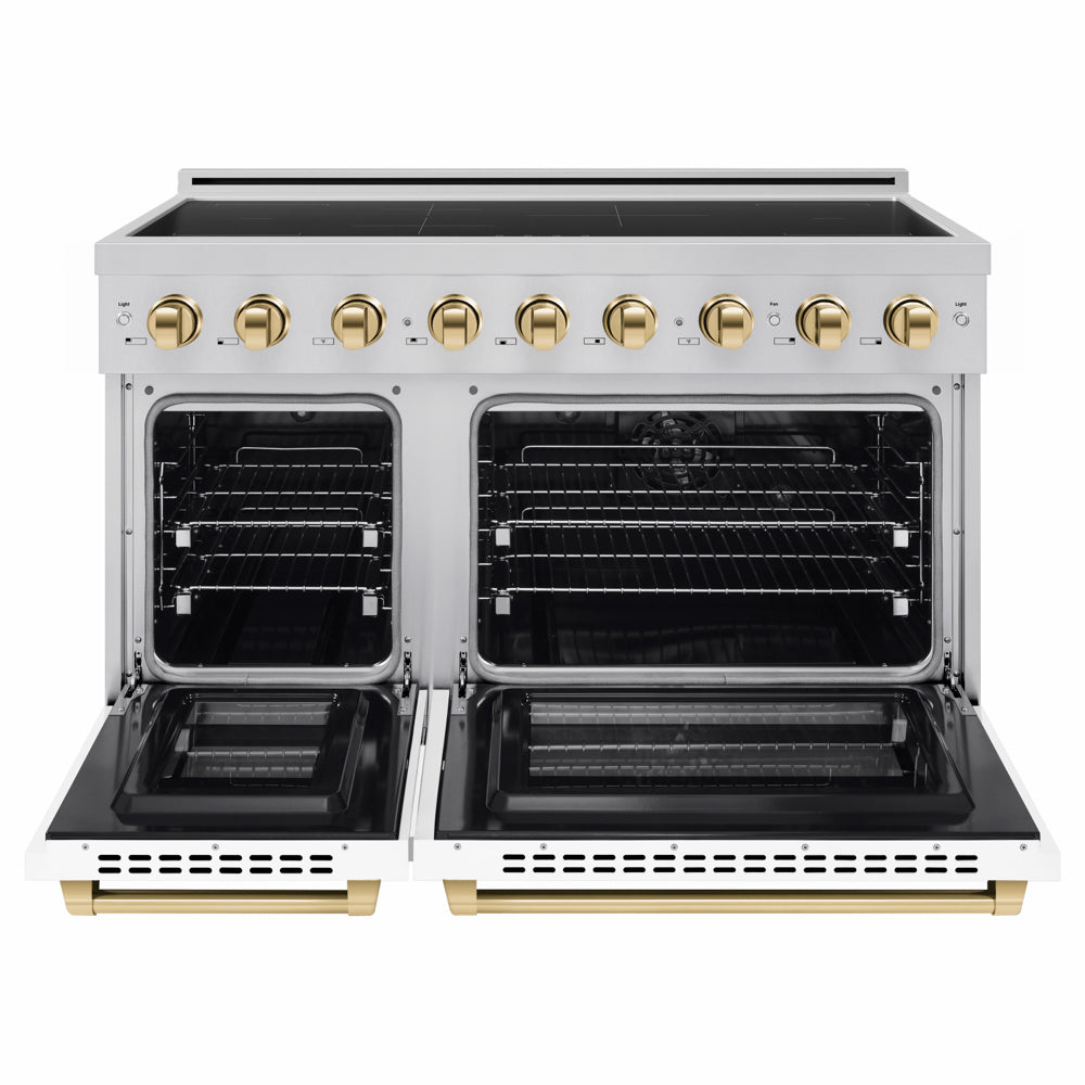 ZLINE Autograph Edition 48 in. 6.7 cu. ft. Paramount Induction Range with 7 Element Cooktop and Dual Ovens in Stainless Steel with White Matte Doors and Polished Gold Accents (SINRZ-WM-48-G) front, dual electric oven open.