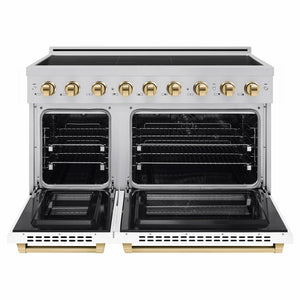 ZLINE Autograph Edition 48 in. 6.7 cu. ft. Paramount Induction Range with 7 Element Cooktop and Dual Ovens in Stainless Steel with White Matte Doors and Polished Gold Accents (SINRZ-WM-48-G) front, dual electric oven open.